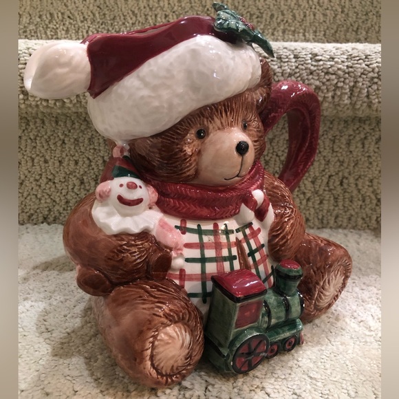 🎄Fitz & Floyd Christmas Ceramic Plaid Terry Bear Pitcher (Retired, 1991). - Picture 11 of 14